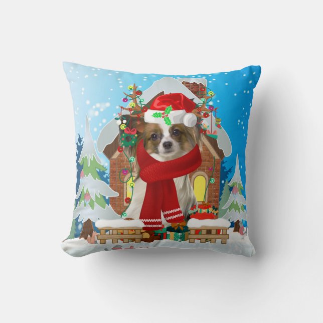 Papillon Hund mit Weihnachtsgeschenken Kissen (Vorderseite)
