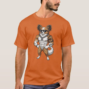 Papillon-Hund, muskulös, tätowiert, Bodybuilder T-Shirt