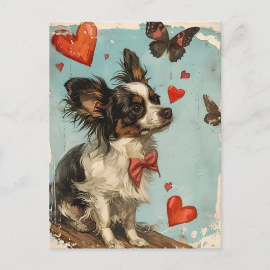 Papillon-Hund Vintag Valentinstag Postkarte (Vorderseite)