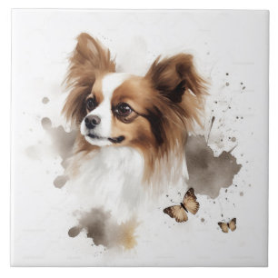 Papillon-Hund Wasserfarben mit Schmetterlingen Fliese