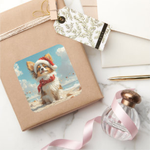 Papillon-Hund Weihnachten Vintage Strand Quadratischer Aufkleber