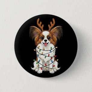 Papillon-Hund Weihnachts-Rentier-Lichter Lustiger Button