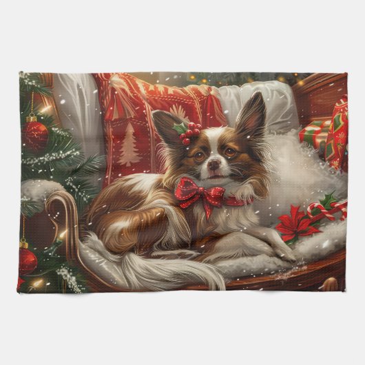 Papillon-Hund Weihnachtsfestlich Geschirrtuch (Horizontal)
