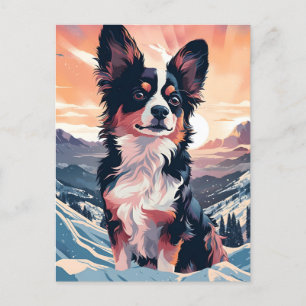 Papillon-Hund Winterwald bei Sonnenuntergang Postkarte