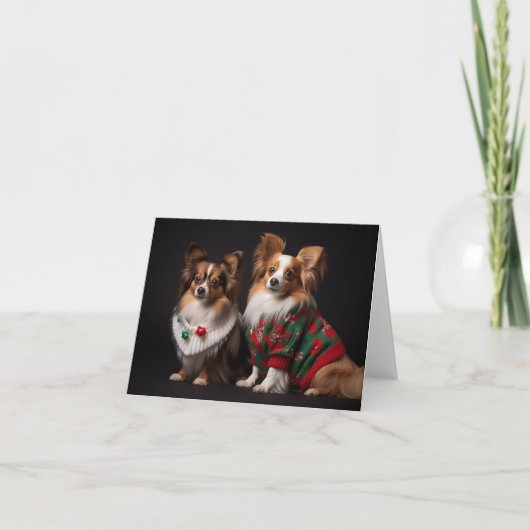 Papillon Hunde in Christmas Sweaters Card Karte (Vorderseite)