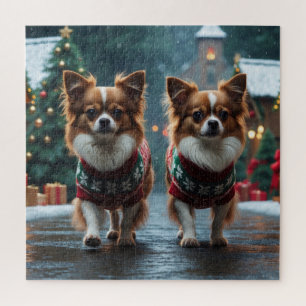 Papillon-Hunde Weihnachten Schnee Urlaub Puzzle