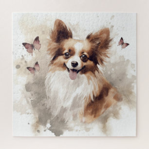 Papillon-Hundeporträt mit rosa Schmetterlingen Puzzle