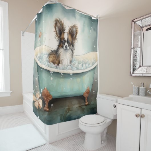 Papillon in der Badewanne Aquarell Dog Kunstdusche Duschvorhang (Beispiel)