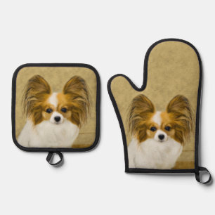 Papillon Malerei Zitrone und Weiß Original Hunde K Ofenhandschuh & Topflappen-Set