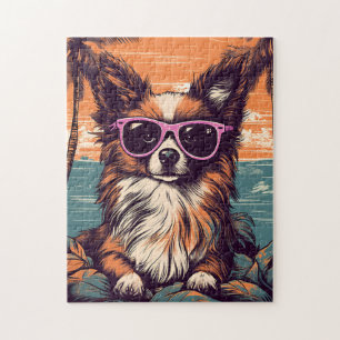 Papillon mit Sonnenbrille am Strand Puzzle