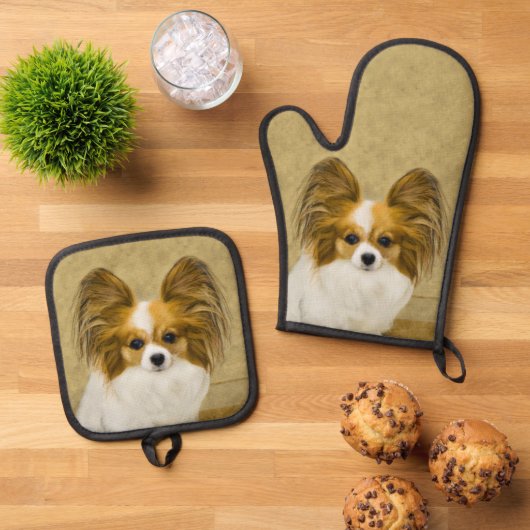 Papillon Painting Lemon und White Original Dog Art Ofenhandschuh & Topflappen-Set (Oben Unten)