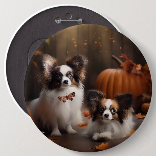Papillon Puppy Autumn Delight Pumpkin Button (Vorne & Hinten)
