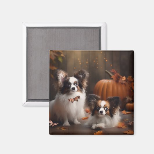 Papillon Puppy Autumn Delight Pumpkin Magnet (Vorderseite/Rückseite)