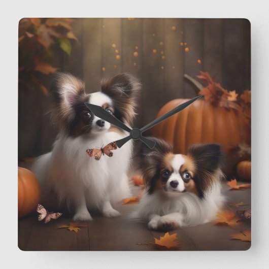 Papillon Puppy Autumn Delight Pumpkin Quadratische Wanduhr (Vorderseite)