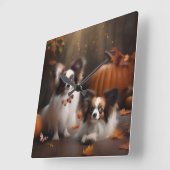 Papillon Puppy Autumn Delight Pumpkin Quadratische Wanduhr (Winkel)