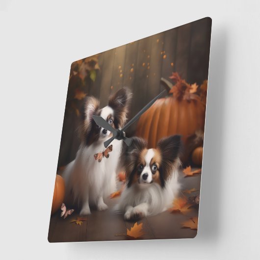 Papillon Puppy Autumn Delight Pumpkin Quadratische Wanduhr (Winkel)