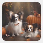 Papillon Puppy Autumn Delight Pumpkin Quadratischer Aufkleber (Vorderseite)