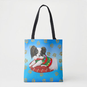 Papillon Puppy mit grünen und roten Weihnachtsklei Tasche