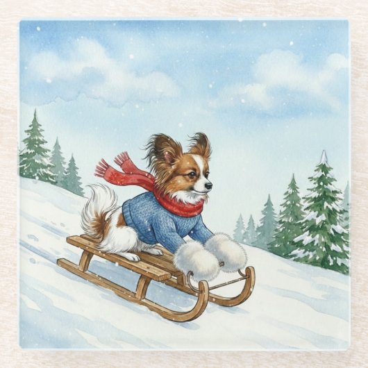 Papillon Schlittenfahren, Glas coaster Glasuntersetzer (Vorderseite)