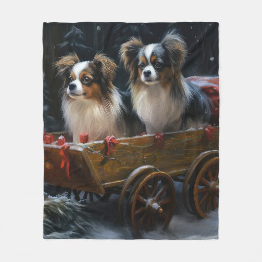 Papillon Snowy Sleigh Weihnachtsdekor Fleecedecke (Vorderseite)
