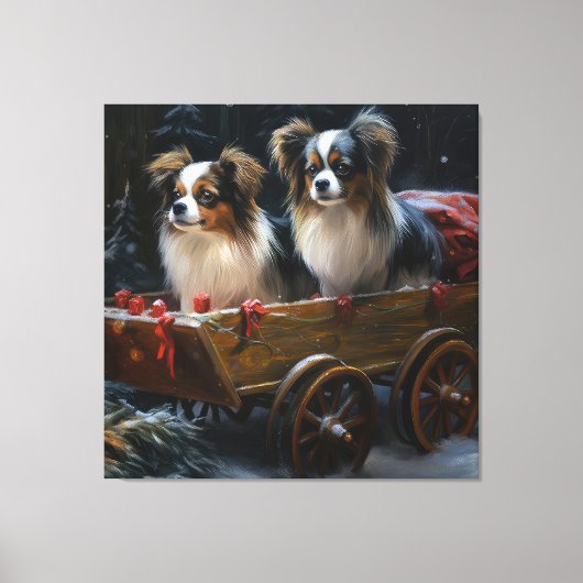 Papillon Snowy Sleigh Weihnachtsdekor Leinwanddruck (Vorderseite)