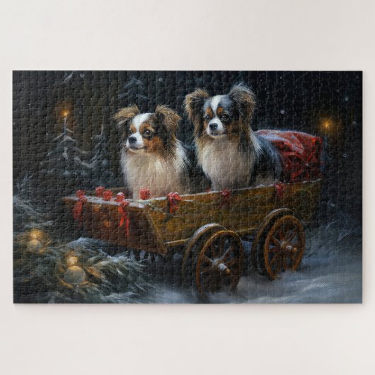 Papillon Snowy Sleigh Weihnachtsdekor Puzzle (Horizontal)