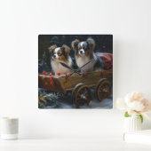 Papillon Snowy Sleigh Weihnachtsdekor Quadratische Wanduhr (Zuhause)