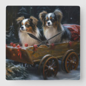 Papillon Snowy Sleigh Weihnachtsdekor Quadratische Wanduhr (Vorderseite)
