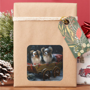 Papillon Snowy Sleigh Weihnachtsdekor Quadratischer Aufkleber