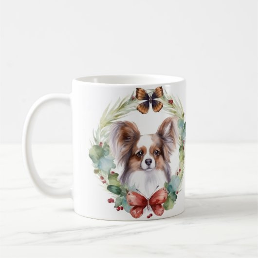 Papillon-Weihnachtskranz Festiver Hund Kaffeetasse (Links)