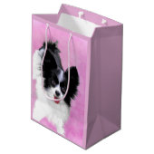 Papillon (weiß und schwarz) Malerei - Hundekunst Mittlere Geschenktüte (Rückseite Schrägansicht)