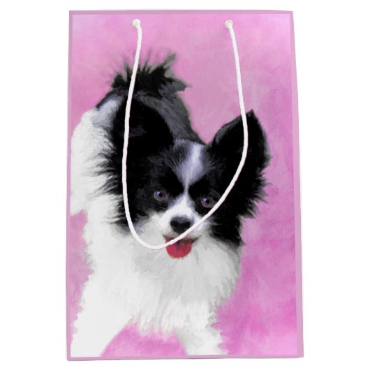 Papillon (weiß und schwarz) Malerei - Hundekunst Mittlere Geschenktüte (Vorderseite)