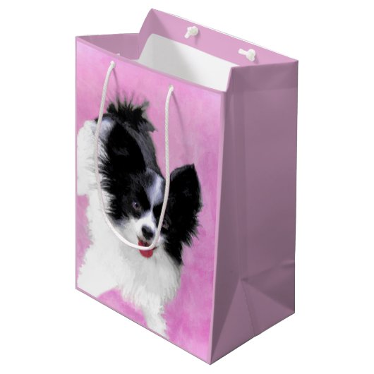 Papillon (weiß und schwarz) Malerei - Hundekunst Mittlere Geschenktüte (Vorderseite Schrägansicht)