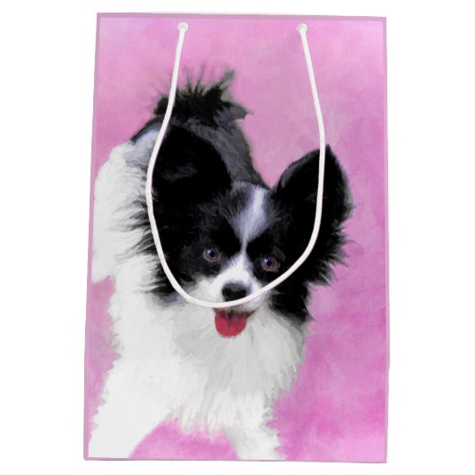 Papillon (weiß und schwarz) Malerei - Hundekunst Mittlere Geschenktüte (Rückseite)