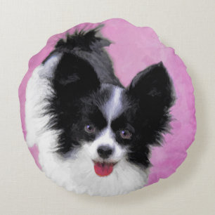 Papillon (weiß und schwarz) Malerei - Hundekunst Rundes Kissen