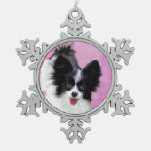 Papillon (weiß und schwarz) Malerei - Hundekunst Schneeflocken Zinn-Ornament (Vorderseite)