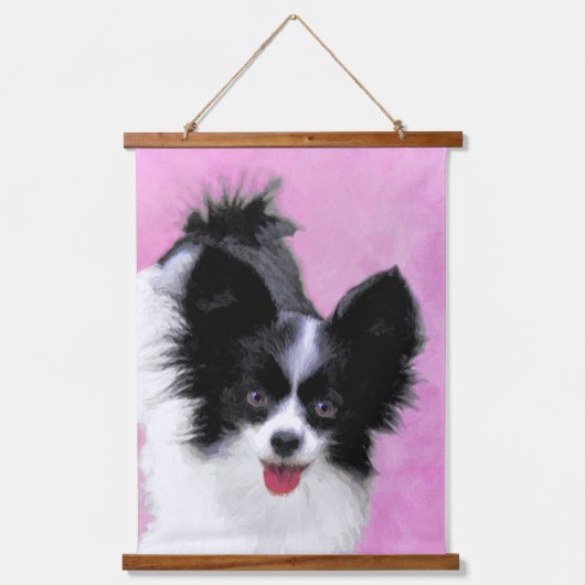 Papillon (weiß und schwarz) Malerei - Hundekunst Wandteppich Mit Holzrahmen (Vorderseite)