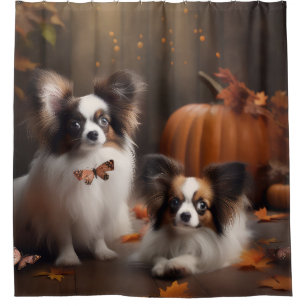 Papillon Welpe Herbstfreude Kürbis Duschvorhang