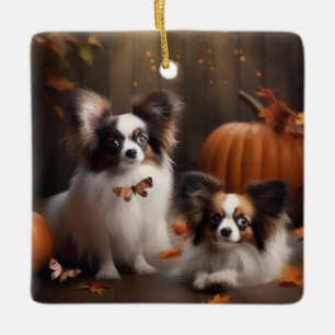 Papillon-Welpe Herbstfreude Kürbis Keramikornament