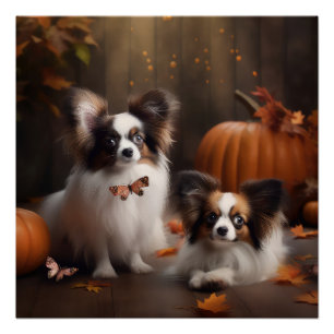 Papillon-Welpe Herbstfreude Kürbis Poster