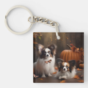 Papillon-Welpe Herbstfreude Kürbis Schlüsselanhänger