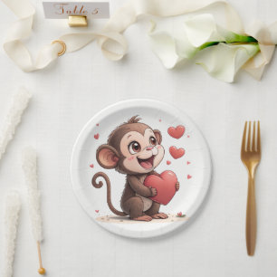 Papipteller Valentinstag Affe Rote Herzen Pappteller