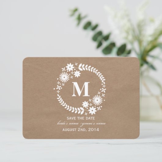 Pappe Inspiriertes Whiteath Monogramm Rett Datum Save The Date (Stehend Vorderseite)
