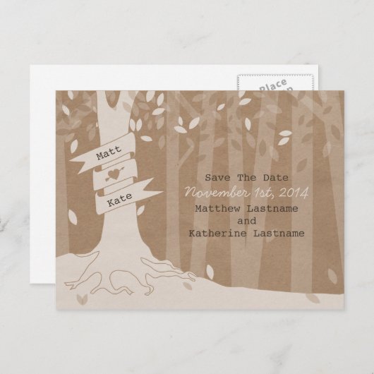 Pappkarton schauen Woodland Hochzeit speichern das Ankündigungspostkarte (Vorne/Hinten)