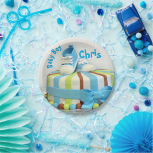 Pappteller 7" Baby Jungen Torte Blaue Schuhe Party