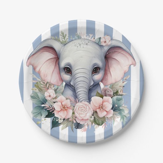 Pappteller, Blau und Weiß gestreifter Elefant Pappteller (Vorderseite)