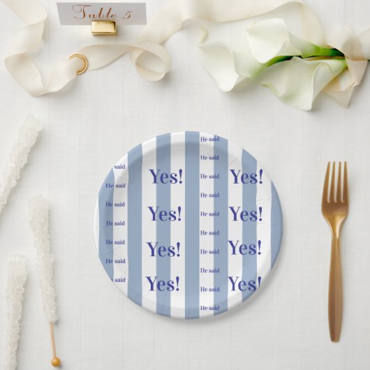 Pappteller, Blau & Weiß gestreift Er sagte Ja! Pappteller (Hochzeit)