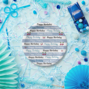 Pappteller, Blau-Weiß gestreift Geburtstag Pappteller