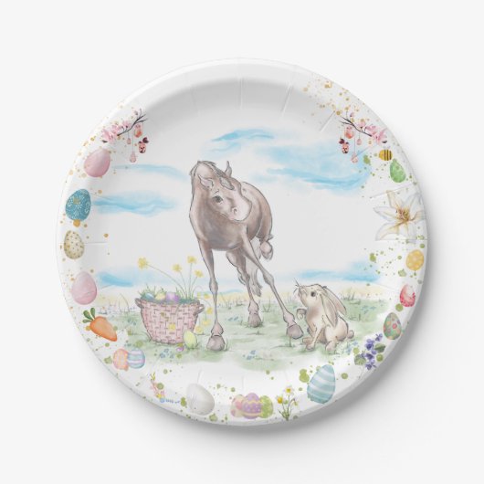 Pappteller Ostermotiv, Süsses Hase mit Pferd (Vorderseite)