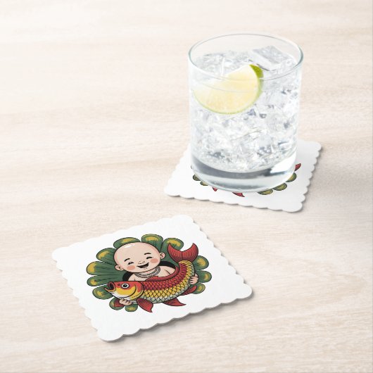 Pappuntersetzer | Niedlicher Junge mit Lucky Koi Untersetzer (Vor Ort)
